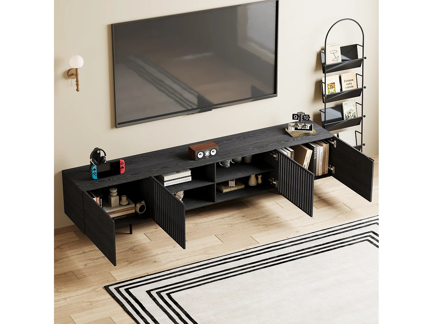 Meuble TV moderne 75 pouces, avec grand espace de rangement, console multimédia de 180 cm, pour salon et chambre, couleur noire