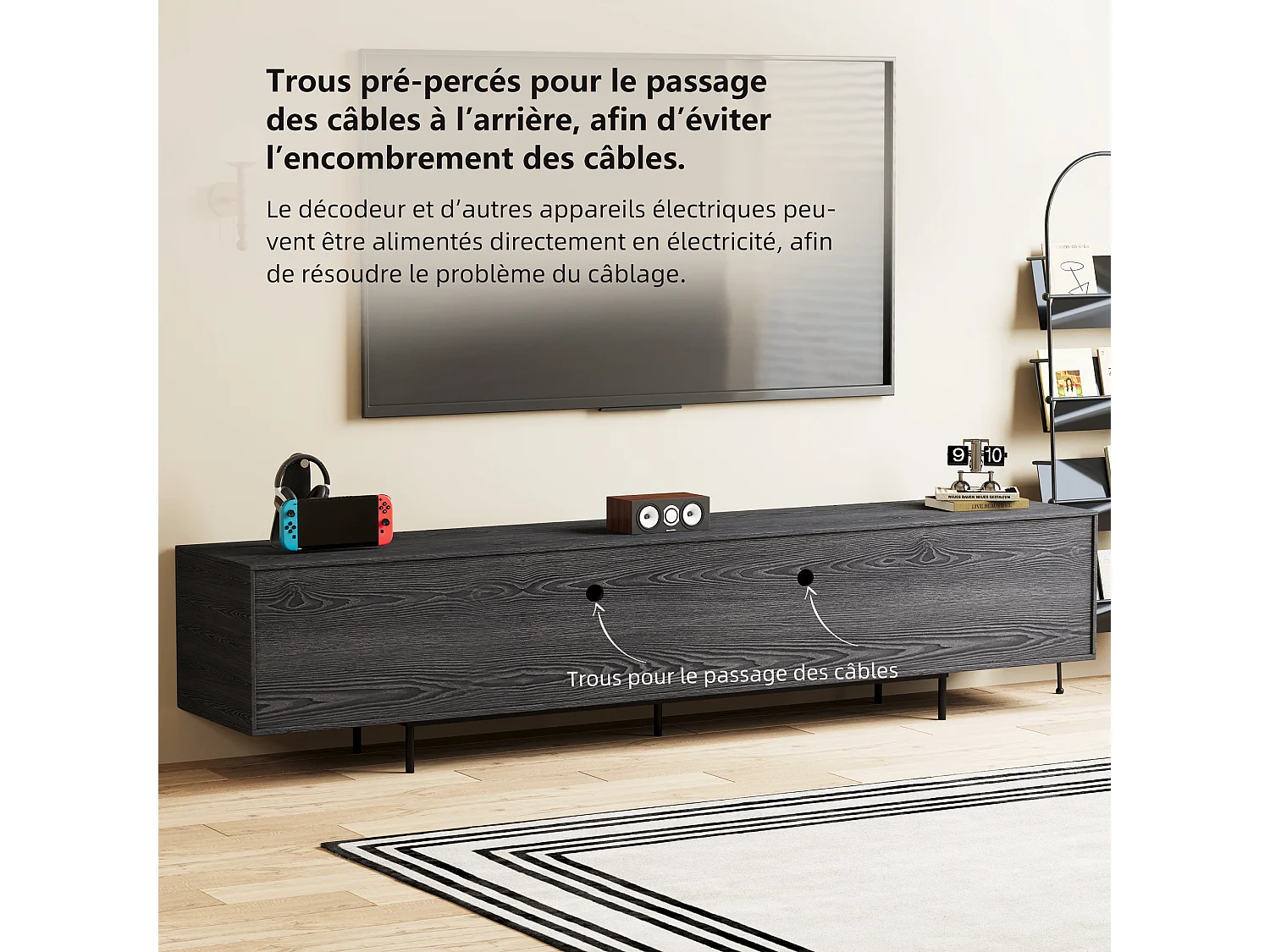 Meuble TV moderne 75 pouces, avec grand espace de rangement, console multimédia de 180 cm, pour salon et chambre, couleur noire