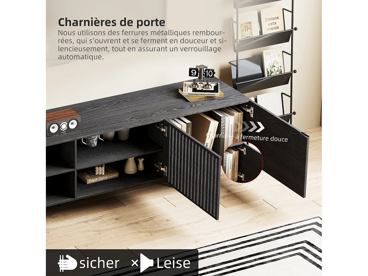 Meuble TV moderne 75 pouces, avec grand espace de rangement, console multimédia de 180 cm, pour salon et chambre, couleur noire