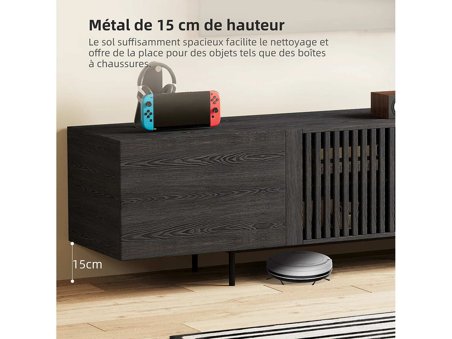 Meuble TV moderne 75 pouces, avec grand espace de rangement, console multimédia de 180 cm, pour salon et chambre, couleur noire