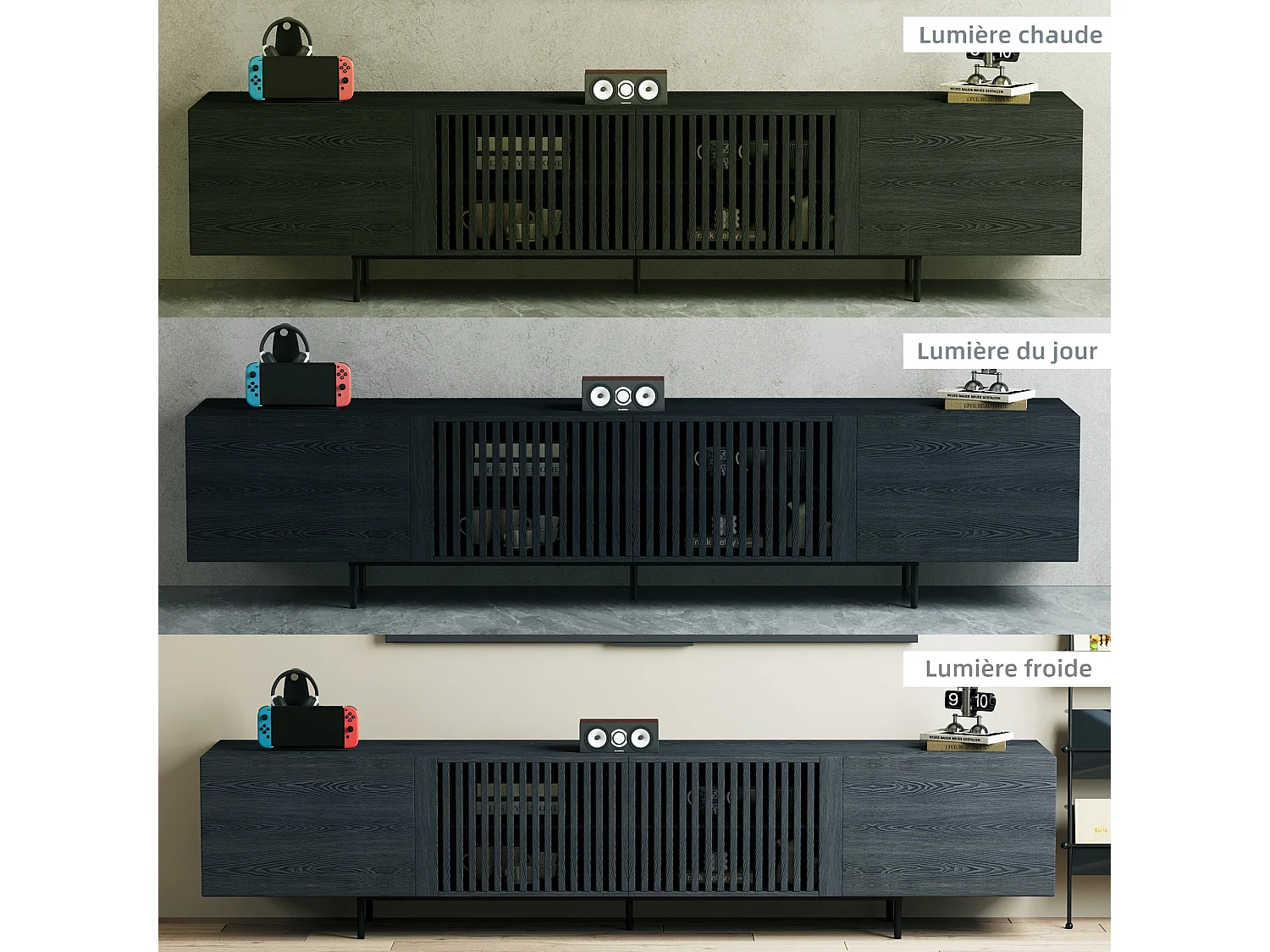 Meuble TV moderne 75 pouces, avec grand espace de rangement, console multimédia de 180 cm, pour salon et chambre, couleur noire