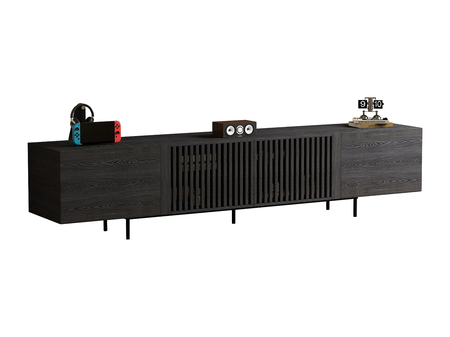 Meuble TV moderne 75 pouces, avec grand espace de rangement, console multimédia de 180 cm, pour salon et chambre, couleur noire