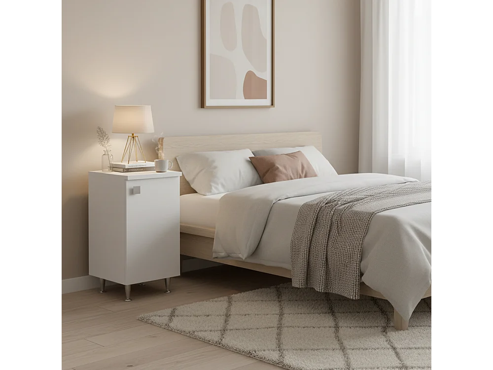 Meuble Bas 1 Porte Droite Blanc Frêne | Armoire Polyvalente avec Pieds en Métal | Profondeur 50 cm Alignée sur Lave-Linge/Plans | Déjà Monté