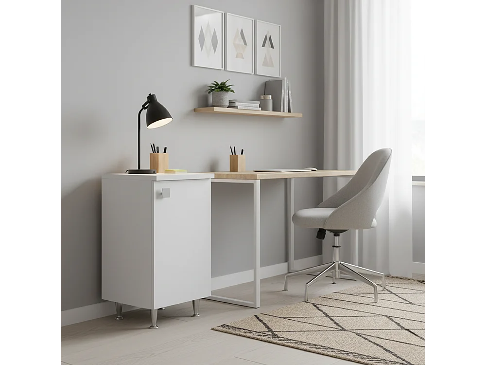 Meuble Bas 1 Porte Droite Blanc Frêne | Armoire Polyvalente avec Pieds en Métal | Profondeur 50 cm Alignée sur Lave-Linge/Plans | Déjà Monté