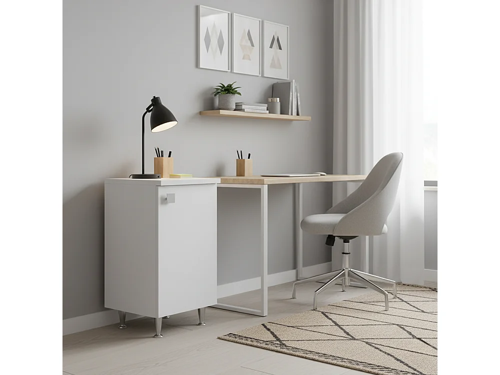Meuble Bas 1 Porte Droite Blanc Frêne | Armoire Multiusage avec Pieds en Métal | Profondeur 50 cm | Préassemblé pour Salle de Bain, Buanderie, Entrée