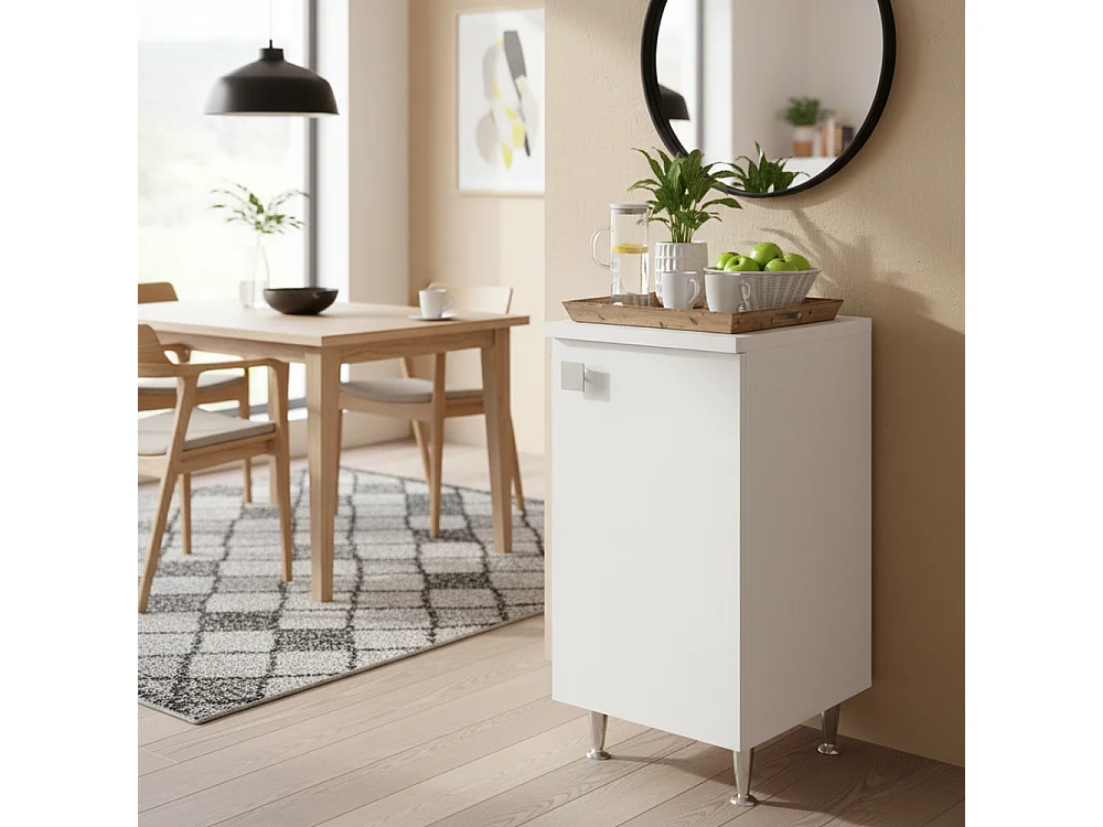Meuble Bas 1 Porte Droite Blanc Frêne | Armoire Multiusage avec Pieds en Métal | Profondeur 50 cm | Préassemblé pour Salle de Bain, Buanderie, Entrée