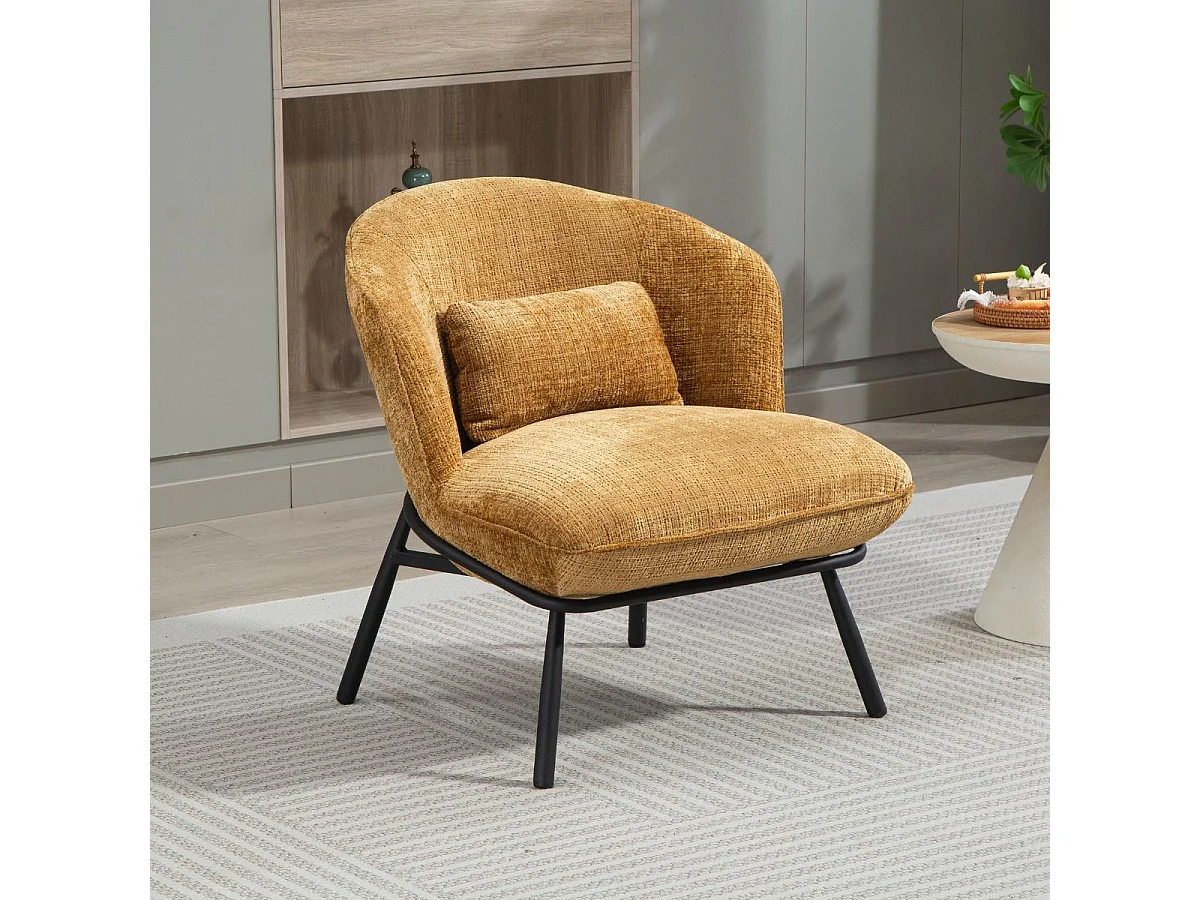 Fauteuil lounge en tissu chenillé jaune moutarde piètement métal noir - GASBY
