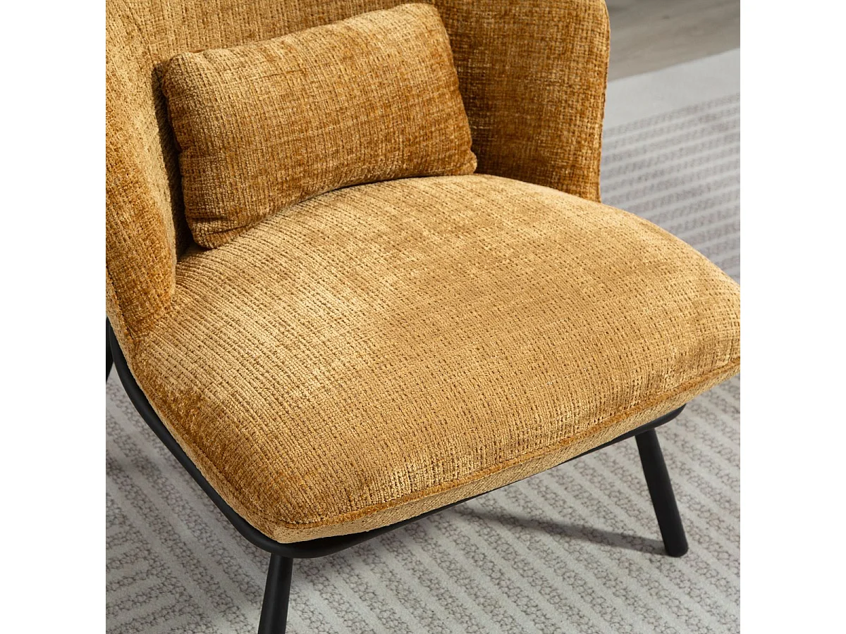 Fauteuil lounge en tissu chenillé jaune moutarde piètement métal noir - GASBY