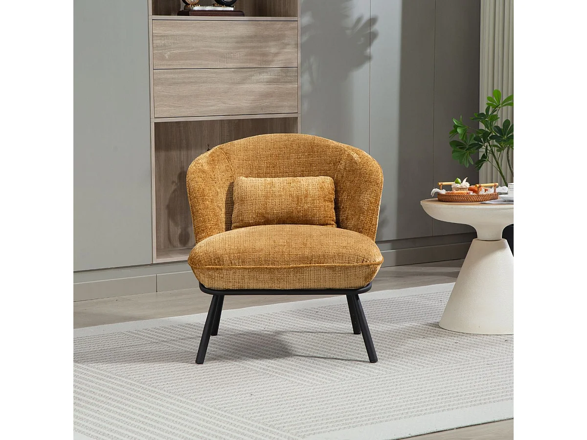 Fauteuil lounge en tissu chenillé jaune moutarde piètement métal noir - GASBY