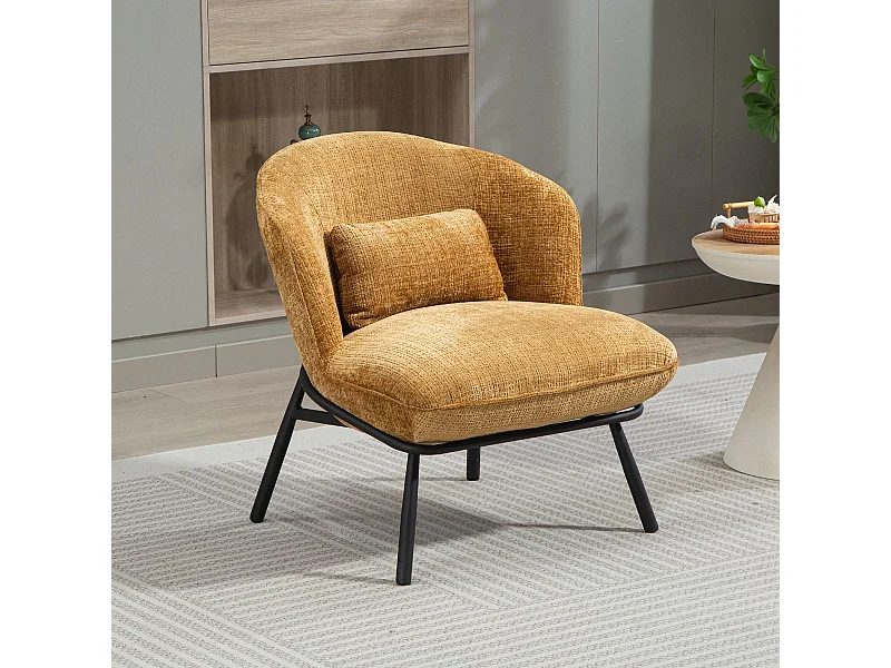 Fauteuil lounge en tissu chenillé jaune moutarde piètement métal noir - GASBY