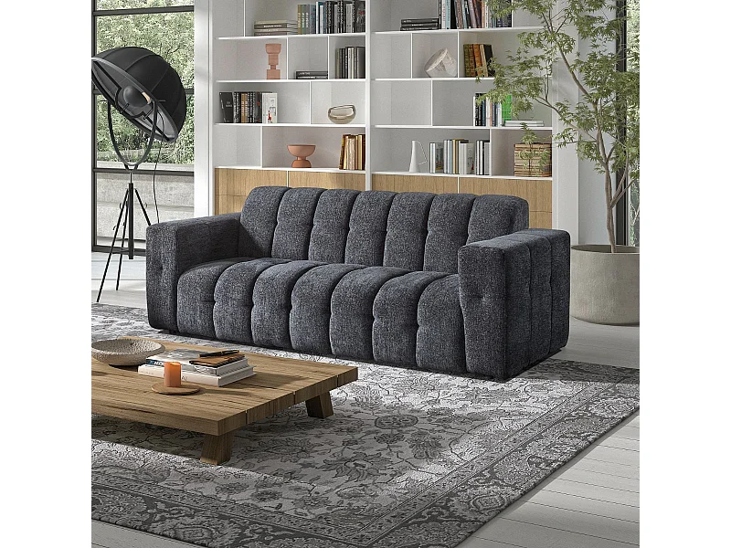 Canapé 3 places fixe en tissu polyester chenillé gris - MENTON