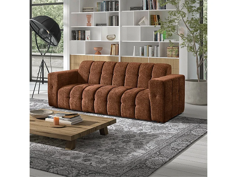 Canapé 3 places fixe en tissu polyester chenillé cognac - MENTON