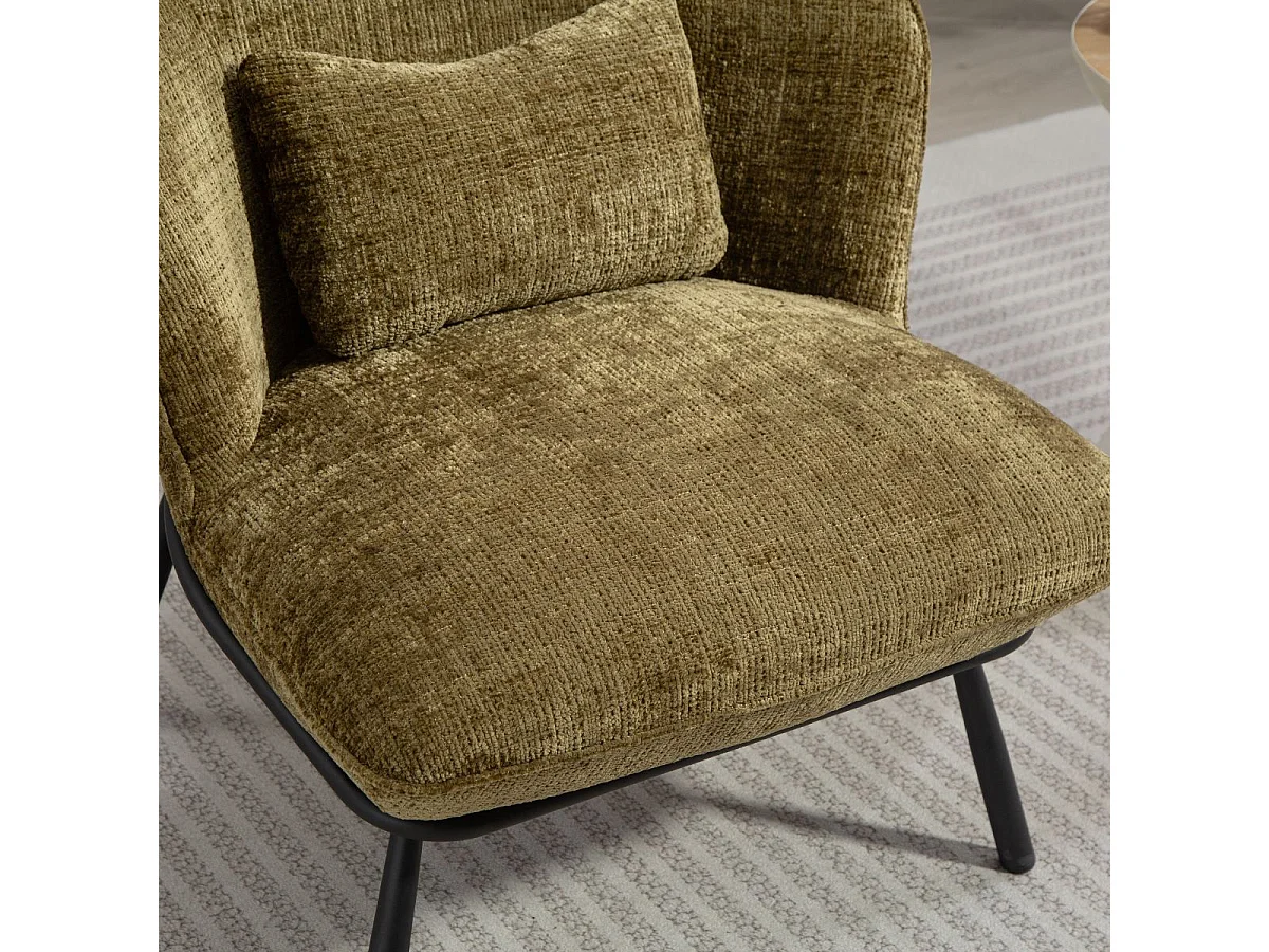 Fauteuil lounge en tissu chenillé vert piètement métal noir - GASBY