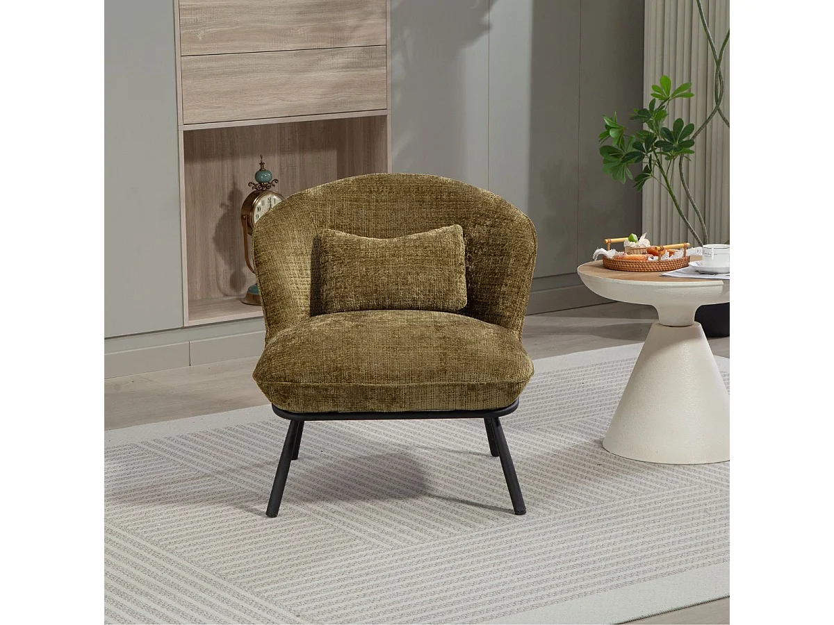 Fauteuil lounge en tissu chenillé vert piètement métal noir - GASBY