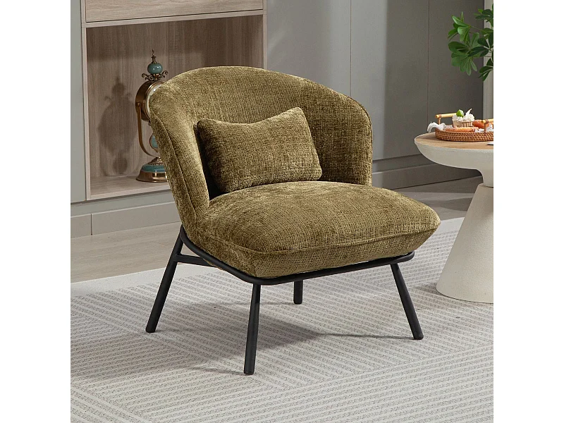 Fauteuil lounge en tissu chenillé vert piètement métal noir - GASBY