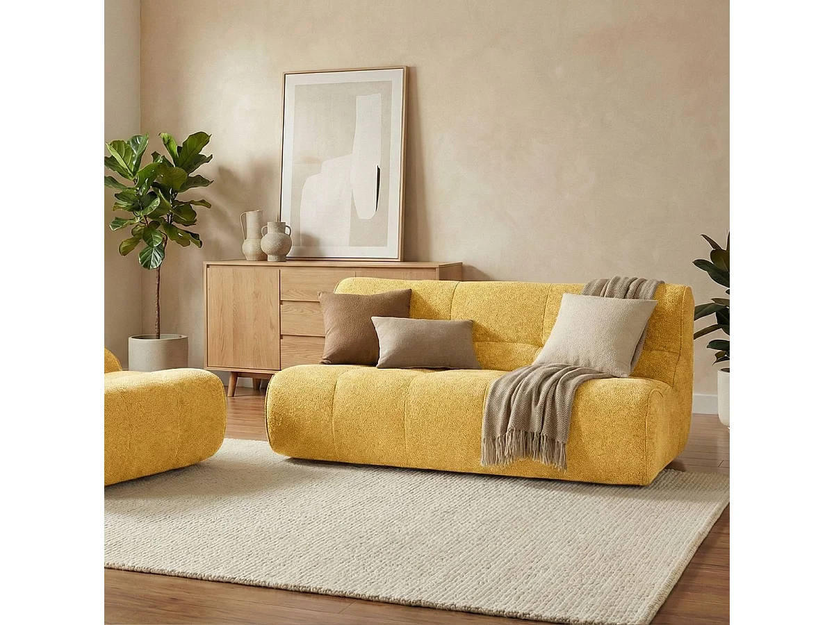 Canapé 2 places en mousse polyuréthane et tissu polyester touché doux jaune - BLOW