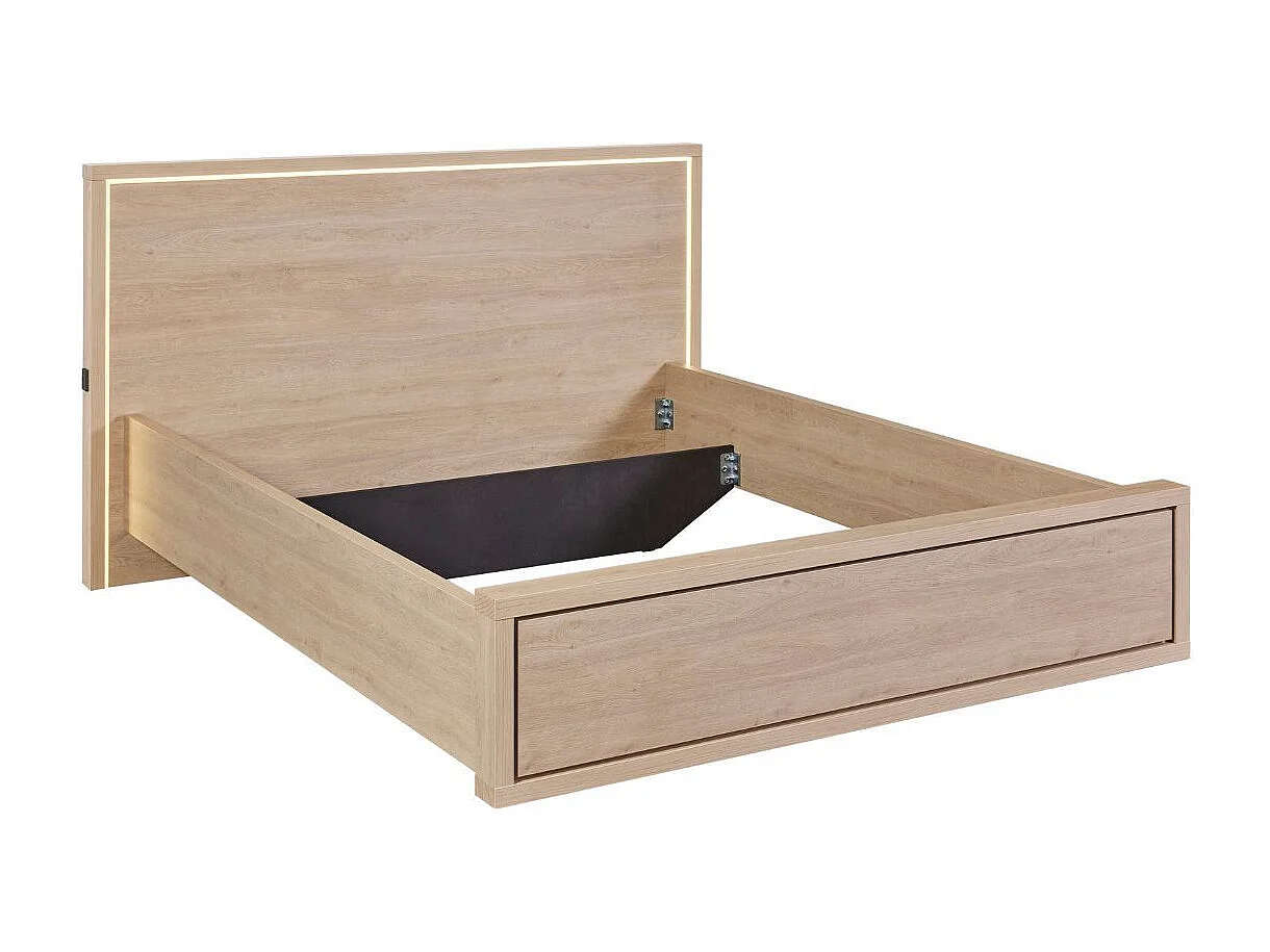 Lit 140x200cm avec tête de lit chevets suspendus et éclairage intégré aspect bois et noir - LUDY