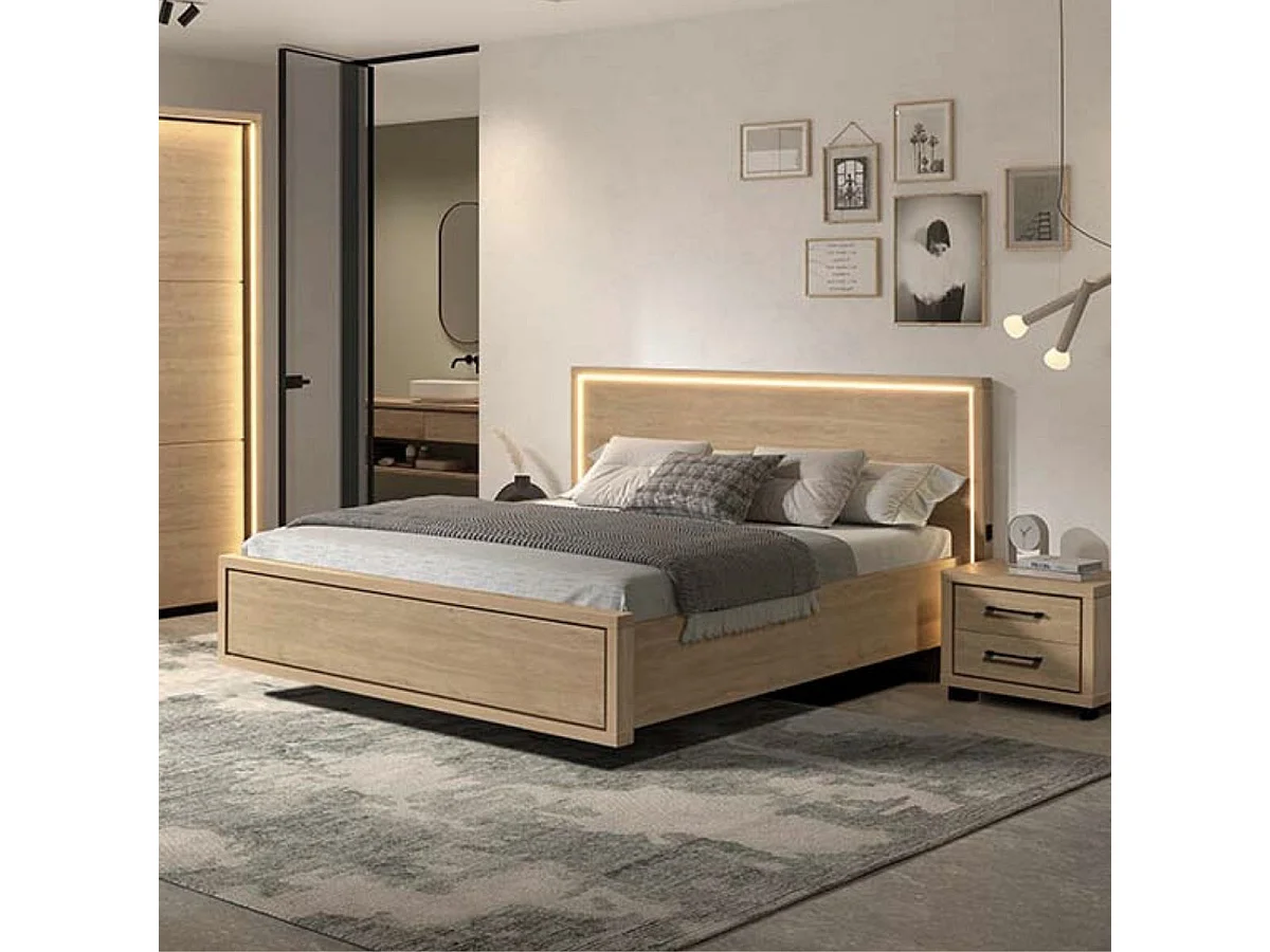 Lit 180x200cm avec tête de lit chevets suspendus et éclairage intégré aspect bois et noir - LUDY