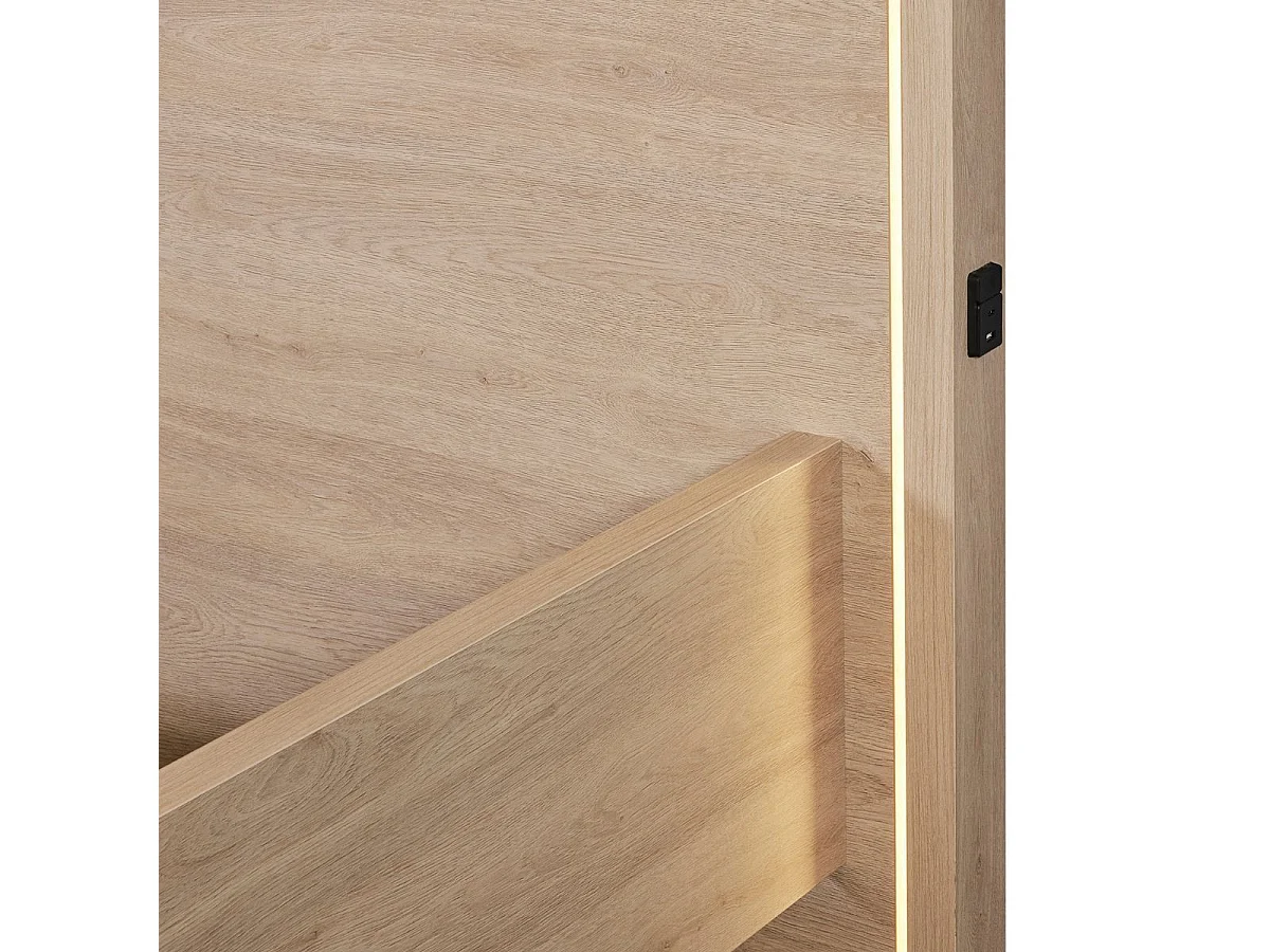 Lit 160x200cm avec tête de lit chevets suspendus et éclairage intégré aspect bois et noir - LUDY