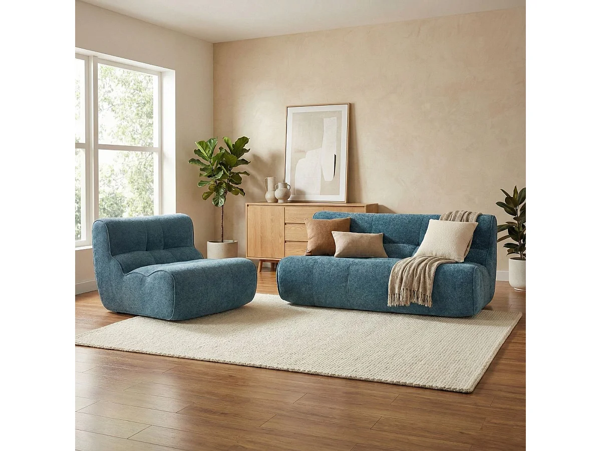 Canapé 2 places en mousse polyuréthane et tissu polyester touché doux bleu - BLOW