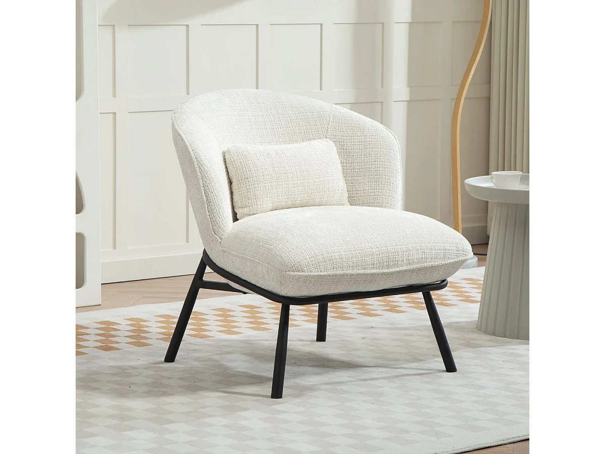 Fauteuil lounge en tissu chenillé blanc piètement métal noir - GASBY