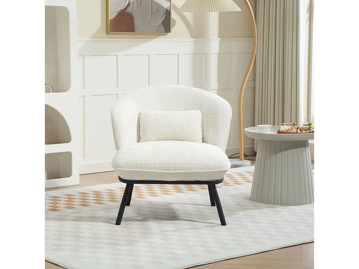 Fauteuil lounge en tissu chenillé blanc piètement métal noir - GASBY