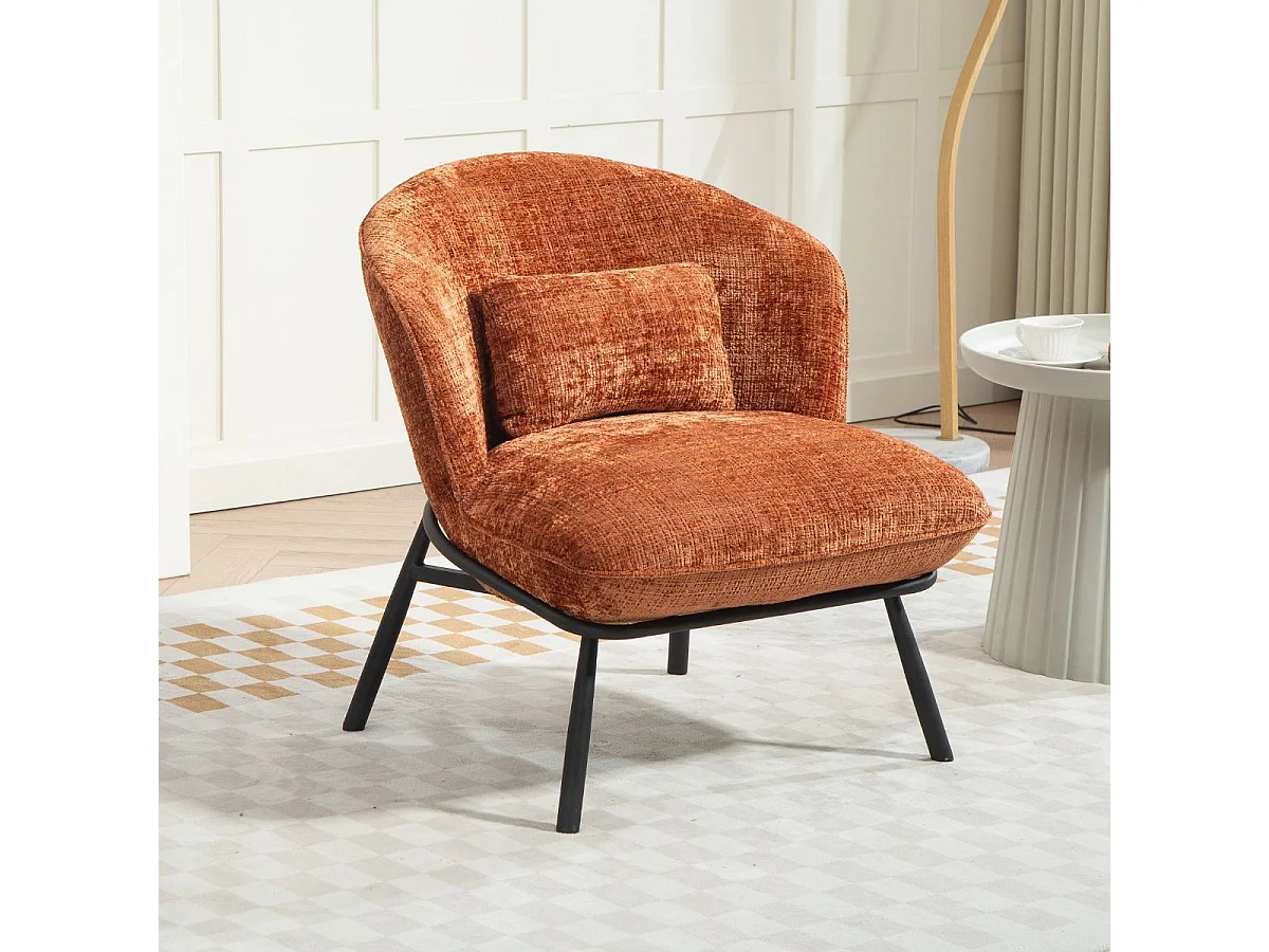 Fauteuil lounge en tissu chenillé terracotta piètement métal noir - GASBY