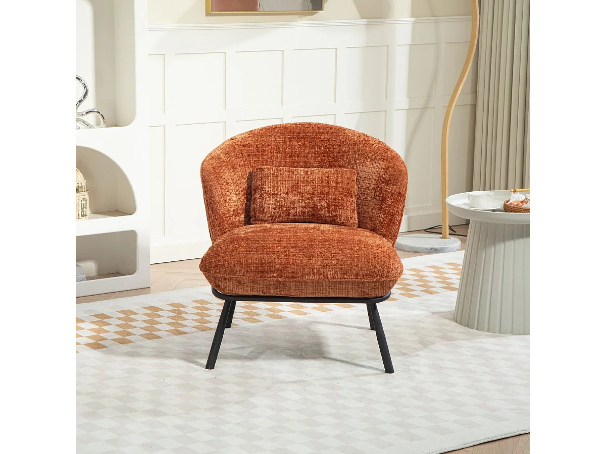 Fauteuil lounge en tissu chenillé terracotta piètement métal noir - GASBY