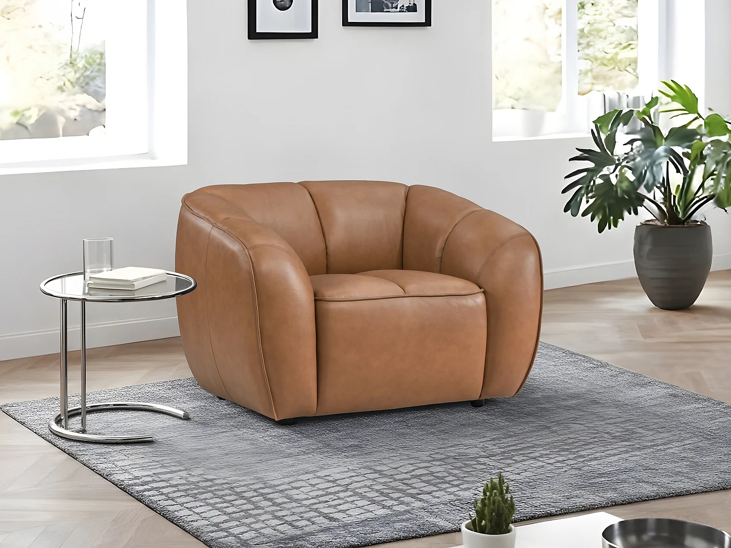 Fauteuil en cuir camel PRADONI