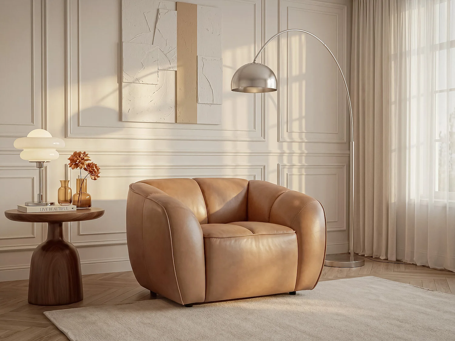 Fauteuil en cuir camel PRADONI