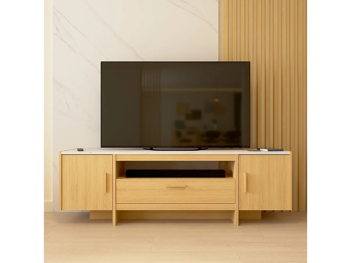 Meuble TV 2 portes et 1 tiroir décor chêne et marbre L178,8 cm MELIA