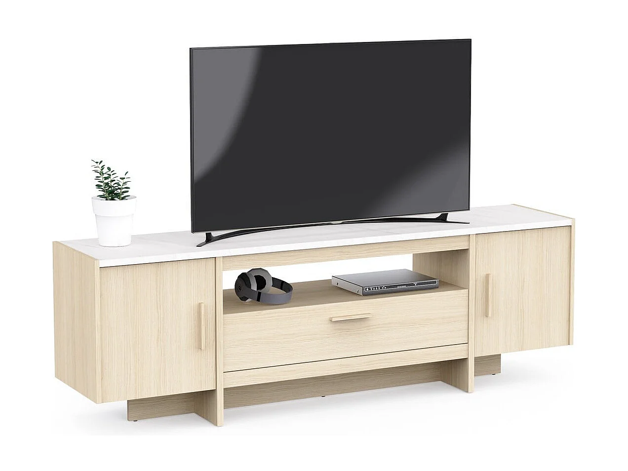 Meuble TV 2 portes et 1 tiroir décor chêne et marbre L178,8 cm MELIA