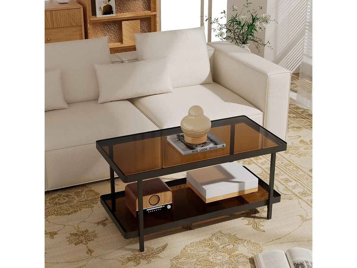 Zwarte metalen salontafel met 2 rookglasplaten L100 cm - ORA