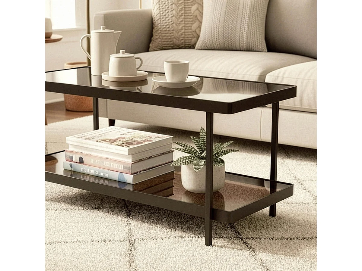 Zwarte metalen salontafel met 2 rookglasplaten L100 cm - ORA