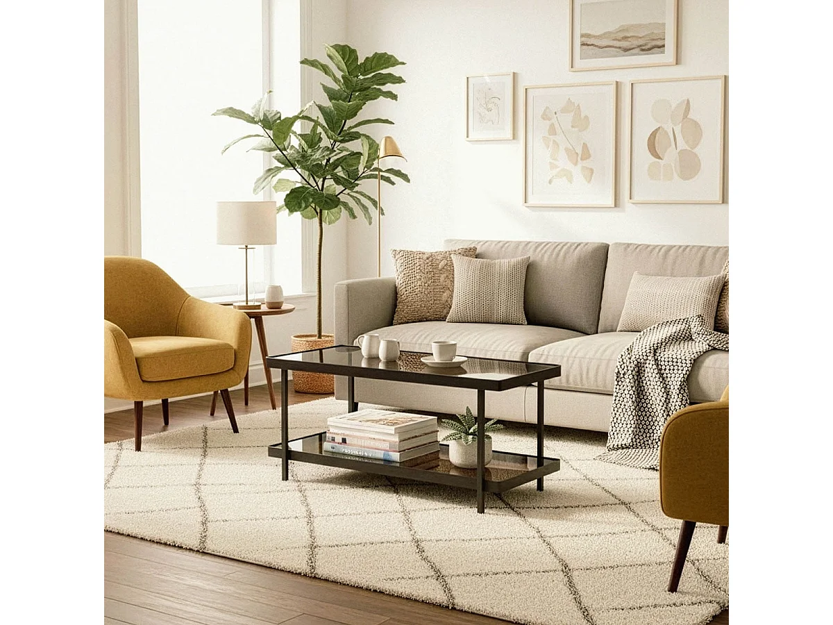 Tavolino in metallo nero con 2 piani in vetro fumé L100 cm - ORA