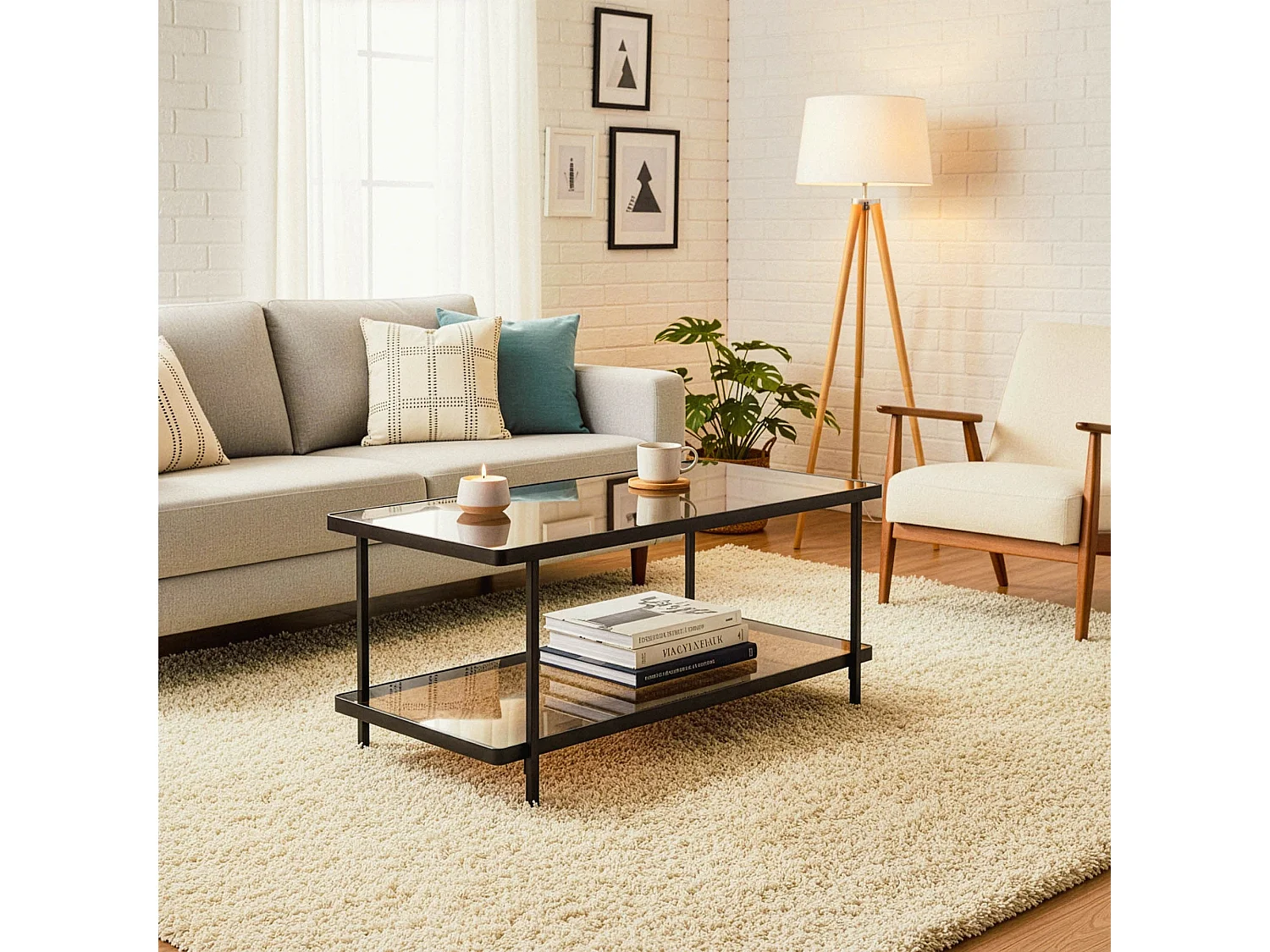 Tavolino in metallo nero con 2 piani in vetro fumé L100 cm - ORA