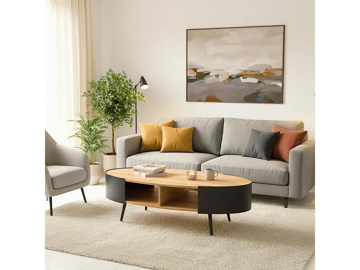 Mesa baja ovalada con lados de metal negro L120 cm - EKLO