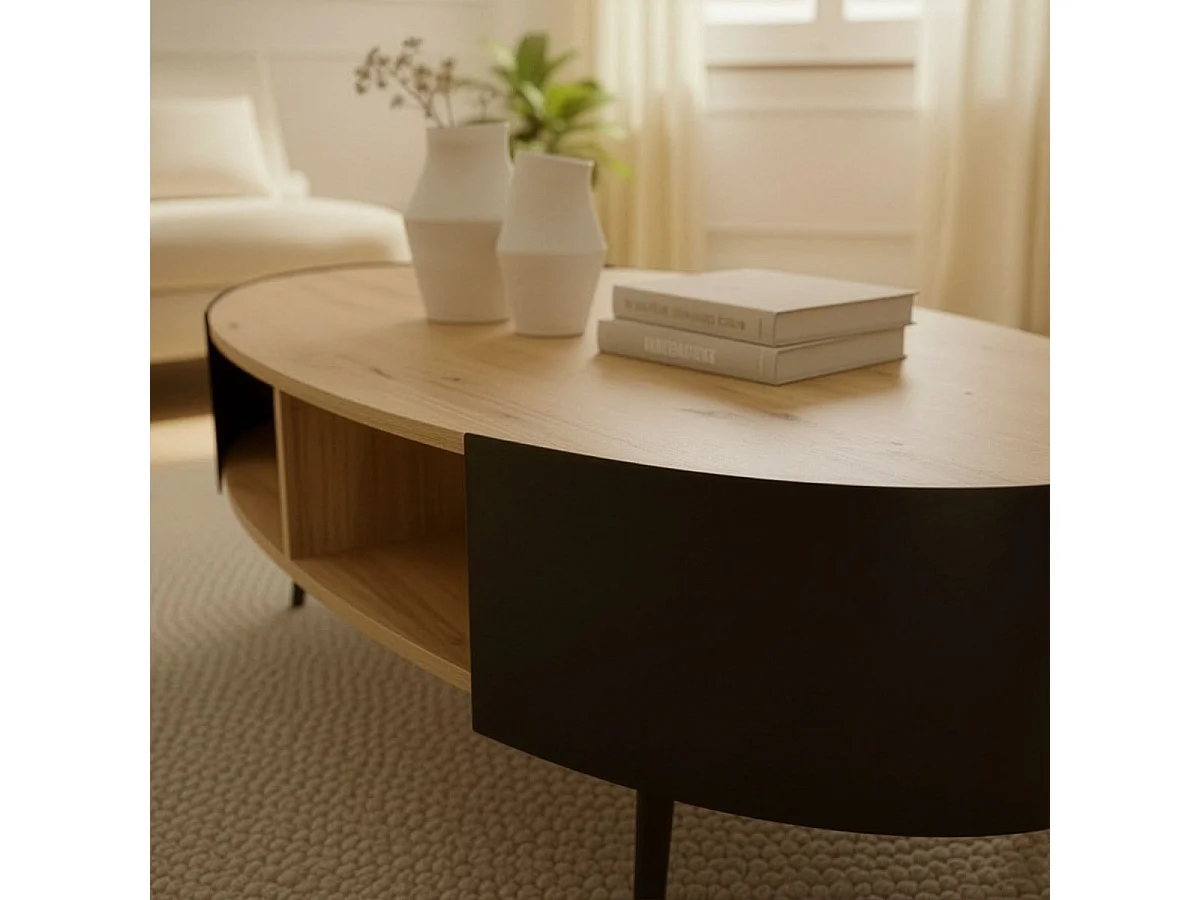 Table basse ovale avec flancs en métal noir L120 cm EKLO