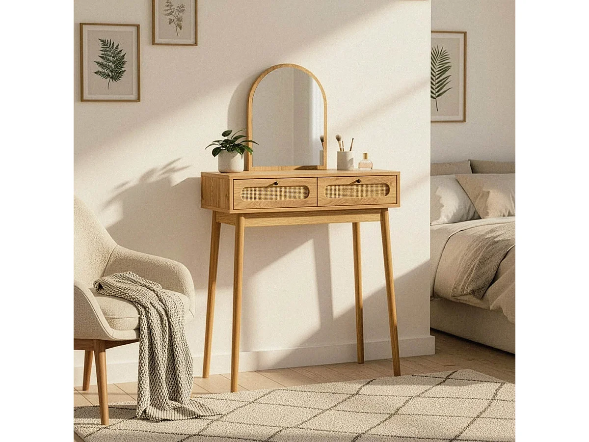 Schminktisch mit Spiegel und 2 Schubladen mit Rattanfronten, Breite 80 cm - ALIA