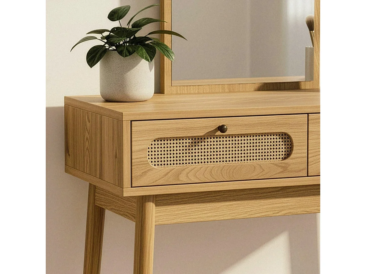 Schminktisch mit Spiegel und 2 Schubladen mit Rattanfronten, Breite 80 cm - ALIA