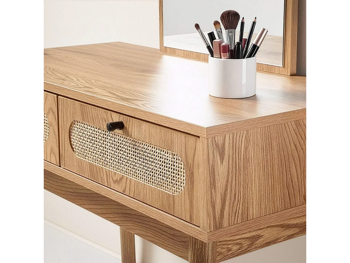 Coiffeuse avec miroir et 2 tiroirs façades rotin L80 cm ALIA