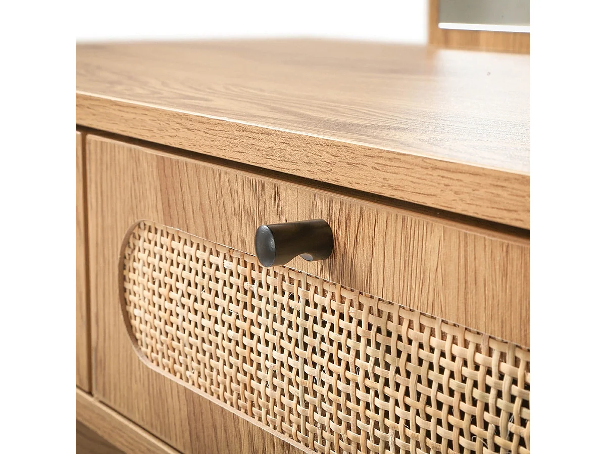 Coiffeuse avec miroir et 2 tiroirs façades rotin L80 cm ALIA