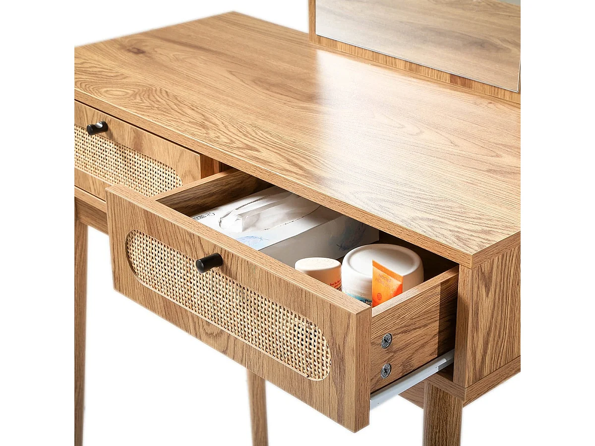 Coiffeuse avec miroir et 2 tiroirs façades rotin L80 cm ALIA