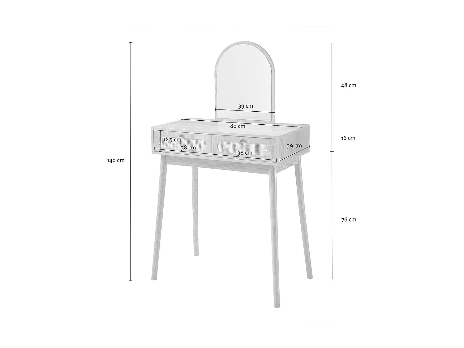 Coiffeuse avec miroir et 2 tiroirs façades rotin L80 cm ALIA