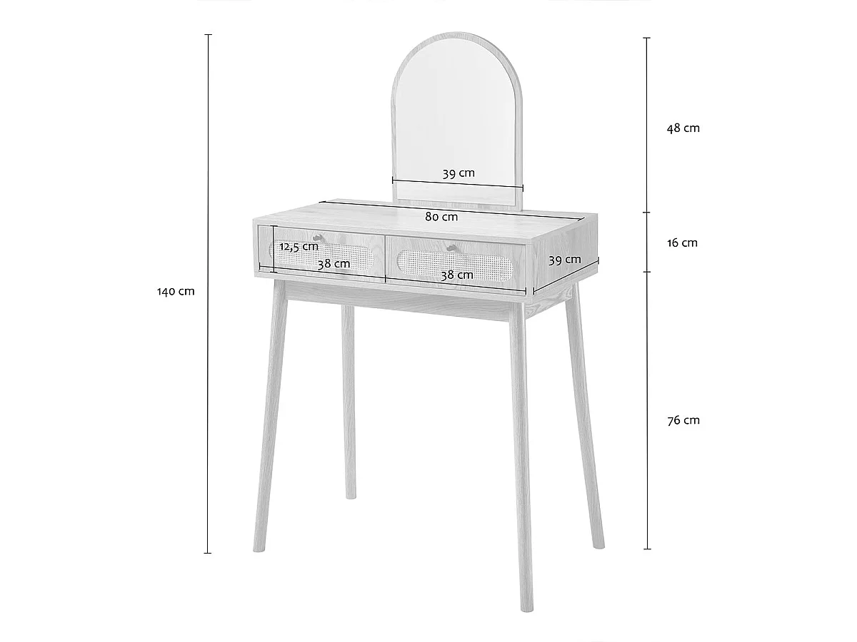Toaletka z lustrem i 2 szufladami z frontami rattanowymi, szer. 80 cm, ALIA