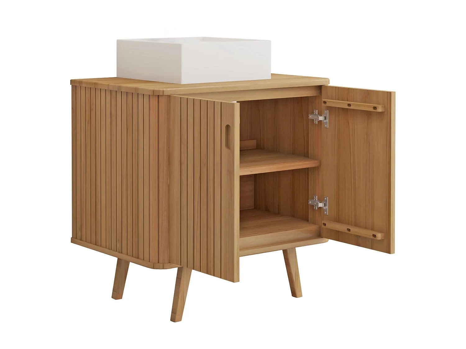 Mobile bagno con piedi in teak e lavabo da appoggio quadrato in ceramica 80 cm - WAMENA