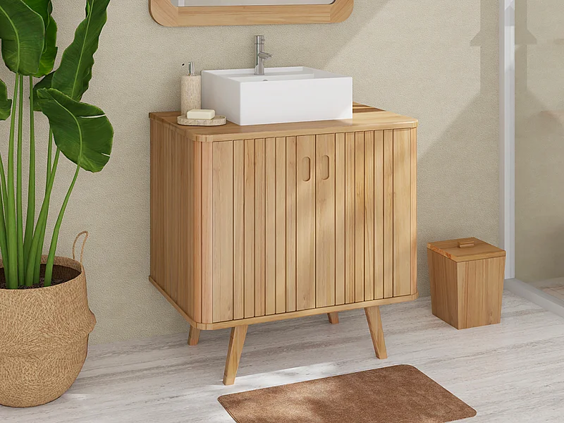 Meuble de salle de bain sur pieds en teck avec vasque à poser carrée en céramique  - 80 cm - WAMENA