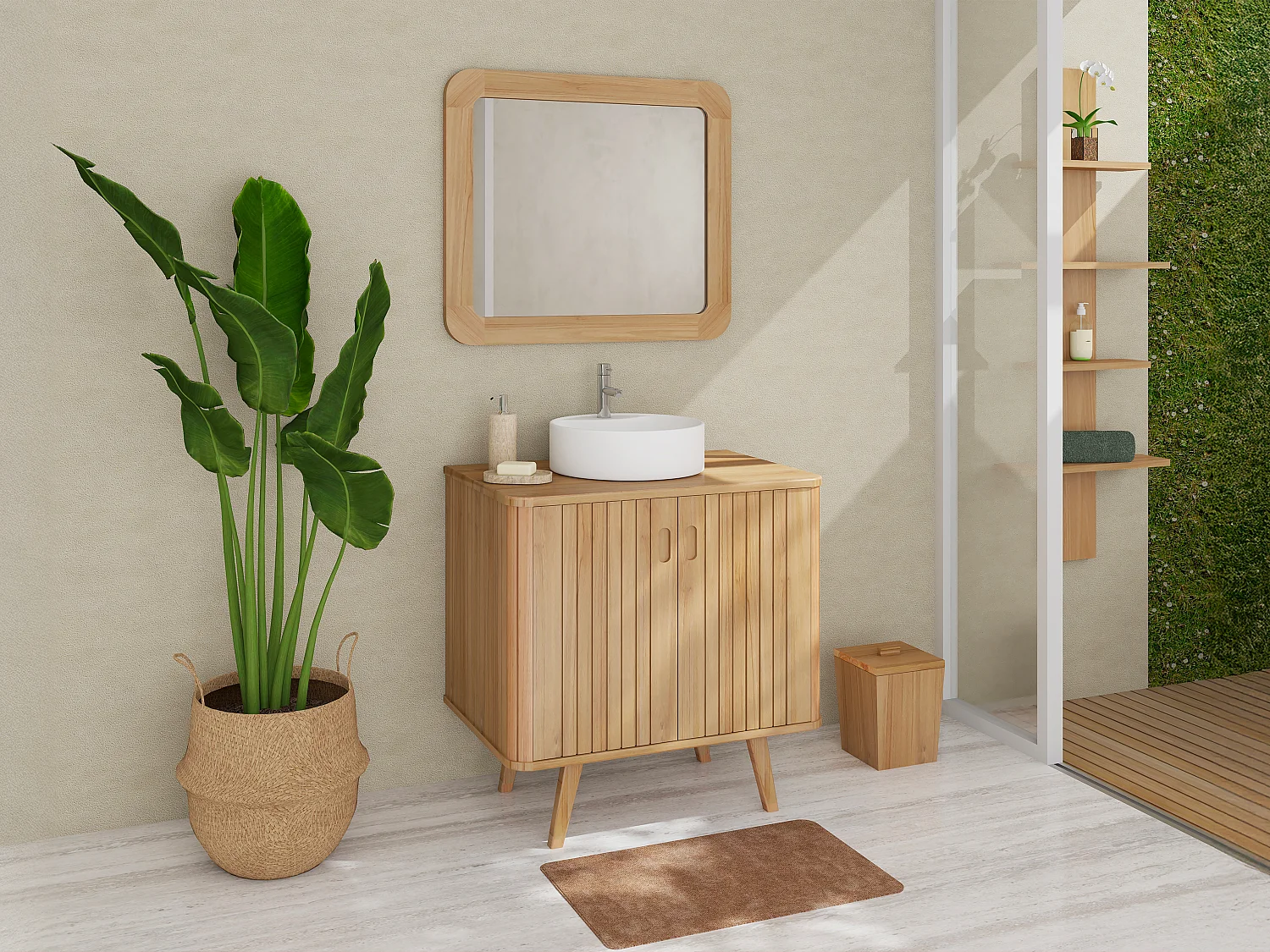 Mobile bagno con piedi in teck e lavabo da appoggio rotondo in ceramica 80 cm - WAMENA
