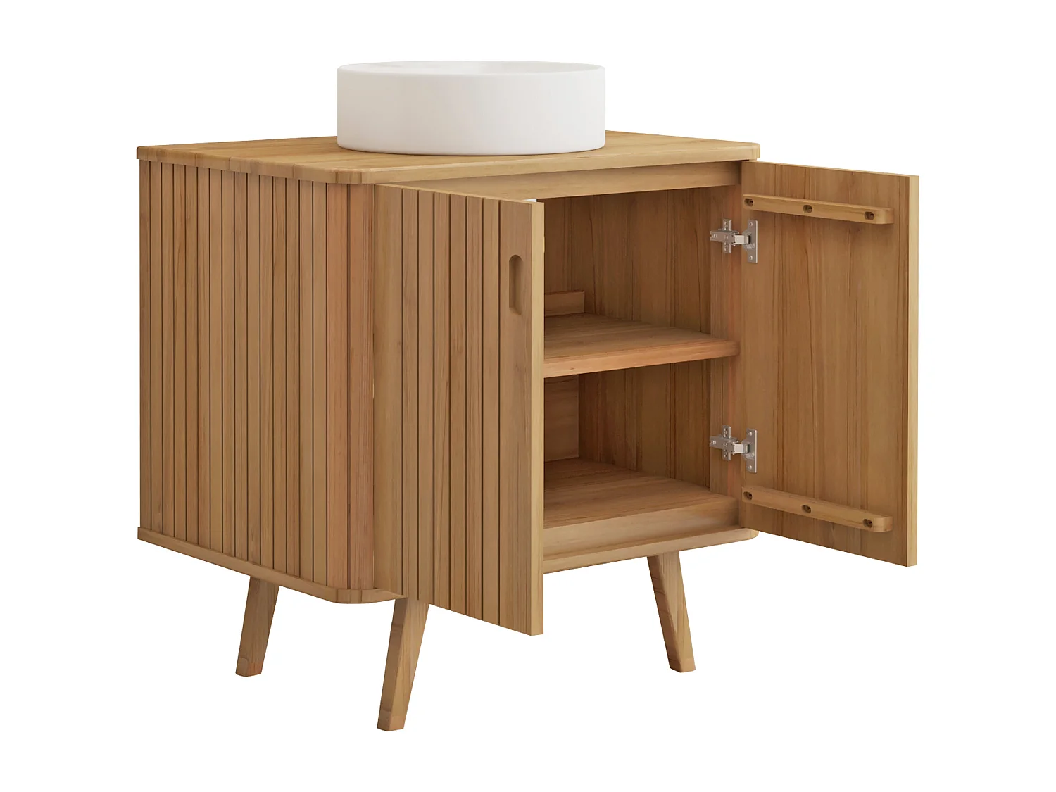 Mobile bagno con piedi in teck e lavabo da appoggio rotondo in ceramica 80 cm - WAMENA