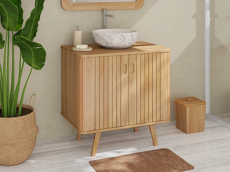Mobile bagno in teak con appoggio per lavabo in pietra crema 80 cm - WAMENA